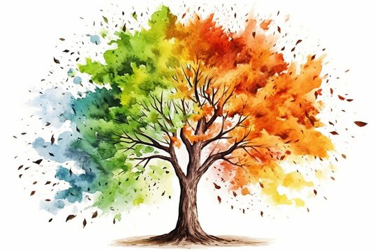 Watercolor tree illustration isolated on white background with binary elements. Includes wind, apple, oak, maple, poplar in summer. Generative AI