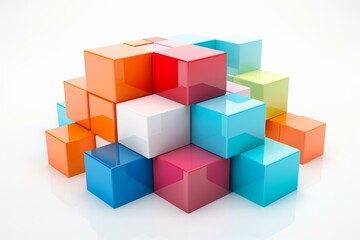 Colorful cubes emerge from a box, representing collaboration, cooperation, and modular software. White background. Generative AI