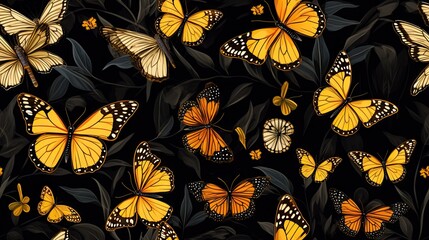  a group of yellow butterflies flying over a forest filled with green and black leaves on a dark night sky background.  generative ai