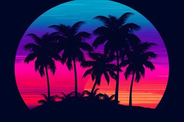 Fototapeta na wymiar a silhouette of palm trees and a sunset