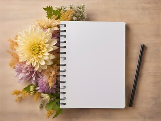 a notebook with a pencil and flowers