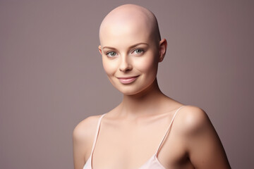 Portrait photo of a beautiful middle aged bald girl. Clean background.