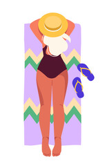 Woman sunbathing at beach vector concept