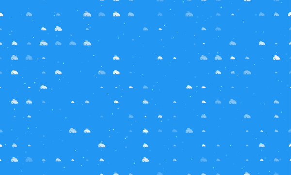 Seamless background pattern of evenly spaced white tractor symbols of different sizes and opacity. Vector illustration on blue background with stars