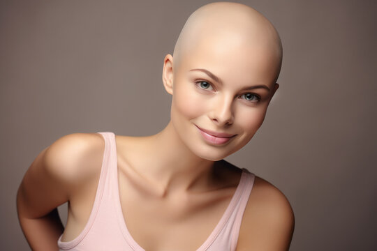 Portrait photo of a beautiful middle aged bald girl. Clean background.