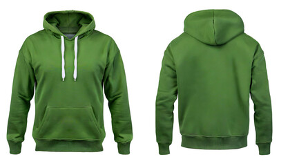 Blank green mens hoodie sweatshirt long sleeve with clipping path, mens hoody with hood for your design mockup for print, isolated on transparent background. Template sport winter clothes.