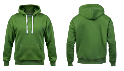 Blank green mens hoodie sweatshirt long sleeve with clipping path, mens hoody with hood for your design mockup for print, isolated on transparent background. Template sport winter clothes.