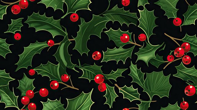  a holly tree with red berries and green leaves on a black background with red berries and green leaves on a black background.  generative ai