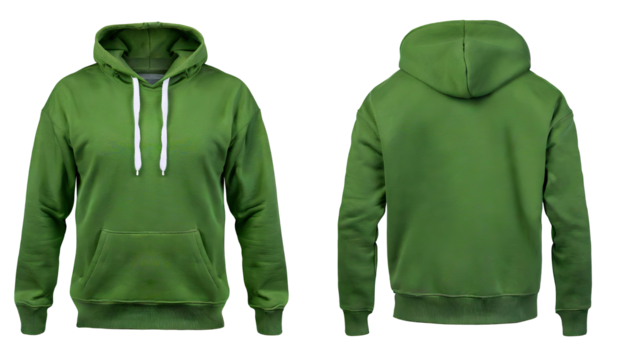 Blank green mens hoodie sweatshirt long sleeve with clipping path, mens hoody with hood for your design mockup for print, isolated on transparent background. Template sport winter clothes.