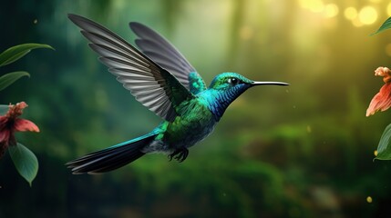 Obraz premium Hummingbird flying in the forest blur background. AI generated image
