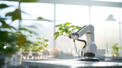 Robot arm growing plants laboratory, Smart robotic arms in  greenhouses. Autonomous farming with robotic harvesting  - obrazy, fototapety, plakaty