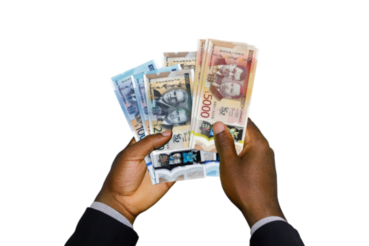 Black Hands in suit holding 3D rendered Jamaican dollar notes