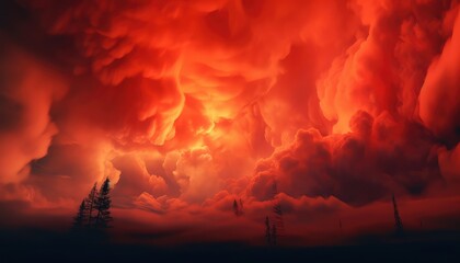 Fototapeta na wymiar Fiery Forest Blaze Paints the Sky Red with Dramatic Clouds