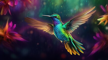 Obraz premium Hummingbird flying in the forest blur background. AI generated image