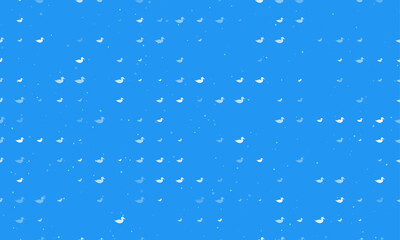 Seamless background pattern of evenly spaced white duck symbols of different sizes and opacity. Vector illustration on blue background with stars