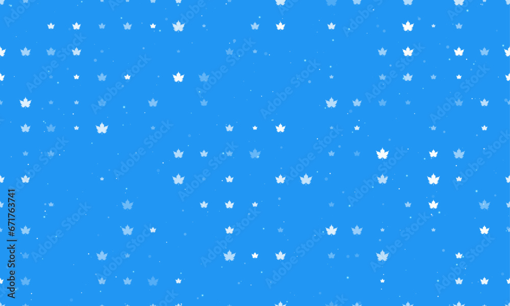 Poster seamless background pattern of evenly spaced white maple leaf symbols of different sizes and opacity