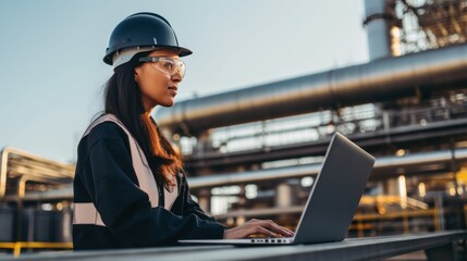 Female engineer and laptop working at oil and gas plant - obrazy, fototapety, plakaty