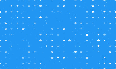 Seamless background pattern of evenly spaced white maple leaf symbols of different sizes and opacity. Vector illustration on blue background with stars