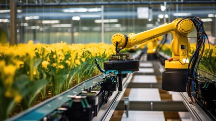 Foto op Plexiglas Smart farming agricultural technology Robotic arm harvesting hydroponic lettuce in a greenhouse © ETAJOE