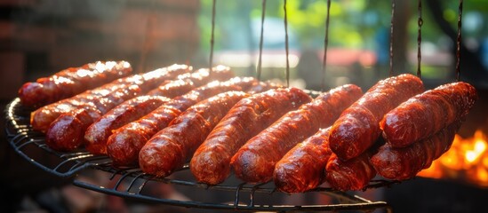 Thai style homemade sausages from Northeast Thailand being sold at an outdoor market