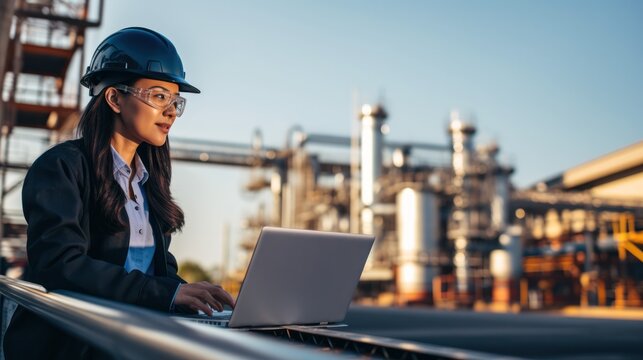 Female engineer and laptop working at oil and gas plant