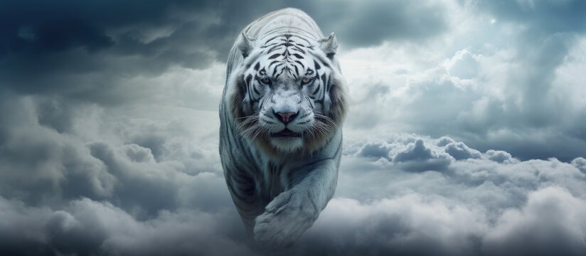 The camera captures a dramatic sky as a white tiger walks on the clouds engaging in photo manipulation