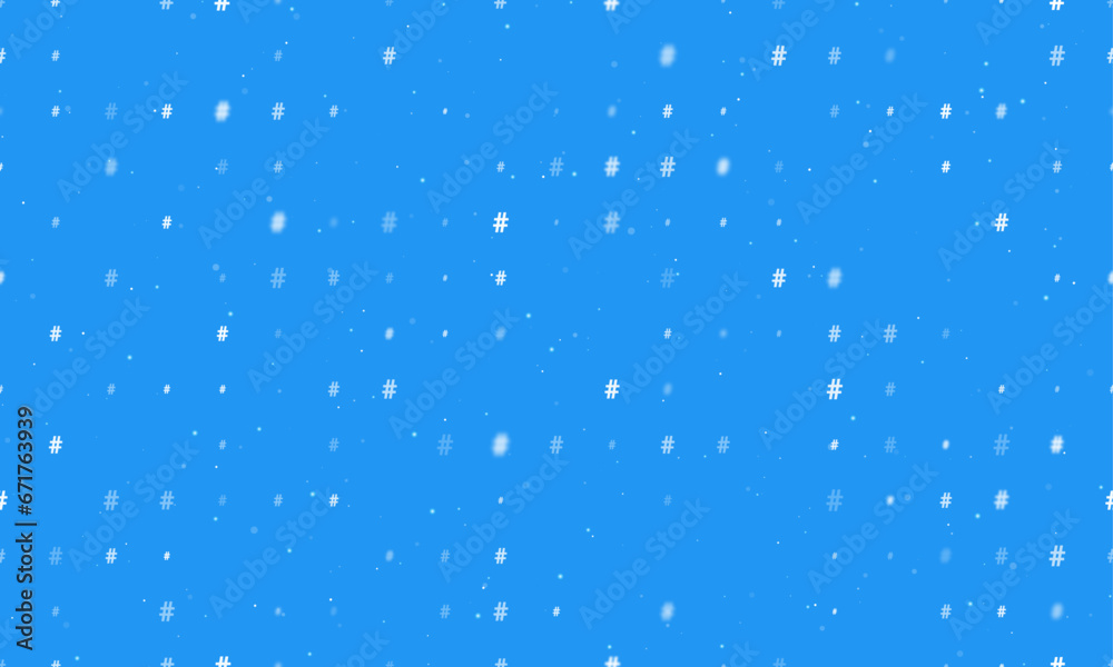 Poster seamless background pattern of evenly spaced white hash symbols of different sizes and opacity. vect