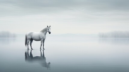 Obraz na płótnie Canvas a white horse standing in the middle of a body of water on a cloudy day with mountains in the background. generative ai