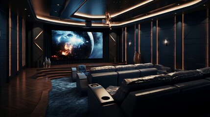 A plush home theater adorned with leather recliners, mood lighting, and a gargantuan screen. - obrazy, fototapety, plakaty
