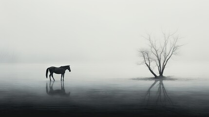  a black and white photo of a horse in a foggy field with a lone tree in the foreground.  generative ai