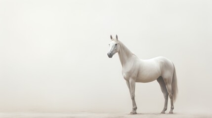  a white horse is standing in a foggy area with its head turned to the side and it's head turned to the side.  generative ai