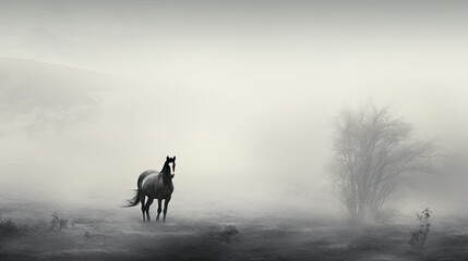  a black and white photo of a horse standing in a foggy field with a tree in the foreground.  generative ai - obrazy, fototapety, plakaty