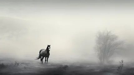 Rollo  a black and white photo of a horse standing in a foggy field with a tree in the foreground.  generative ai © Anna