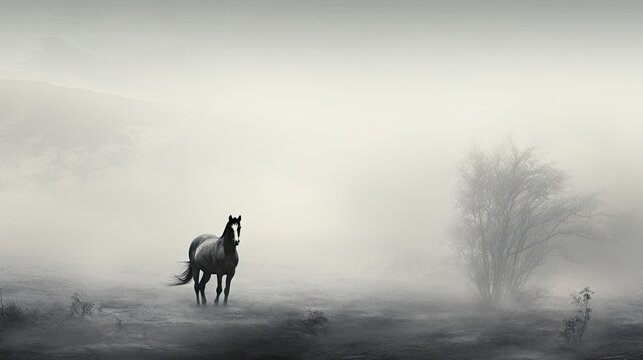  a black and white photo of a horse standing in a foggy field with a tree in the foreground.  generative ai