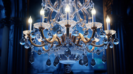 An intricate chandelier with crystal droplets and elaborate arms