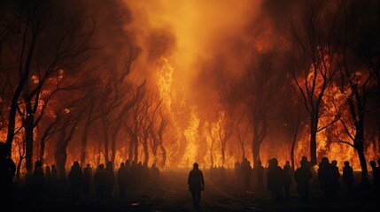 Wildfire burning tree in the forest at night. AI generated image