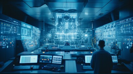 A power plant control room adorned with an array of switches, monitors, and engineers in blue jumpsuits.