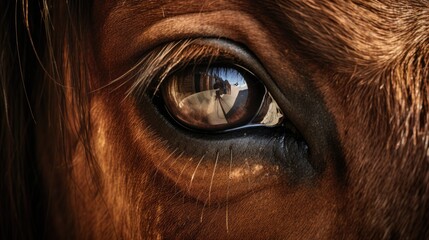  a close up of a horse's eye with a reflection of a person in the horse's eye.  generative ai