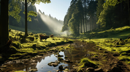Group of cows feeding in lush mountain forest