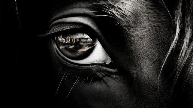  a black and white photo of a horse's eye with the reflection of a building in the eye of the horse.  generative ai