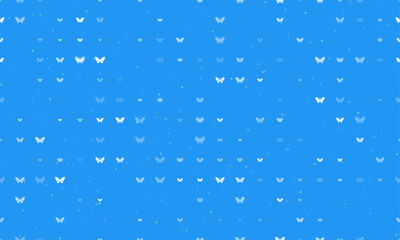Seamless background pattern of evenly spaced white butterfly symbols of different sizes and opacity. Vector illustration on blue background with stars