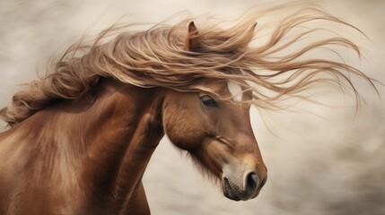  a close up of a horse with long hair on it's head and a blurry sky in the background.  generative ai