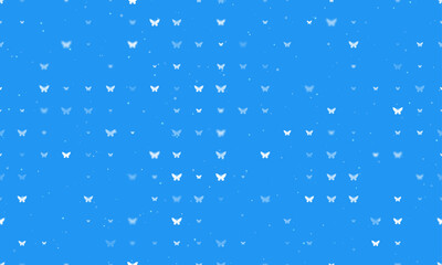 Seamless background pattern of evenly spaced white butterfly symbols of different sizes and opacity. Vector illustration on blue background with stars