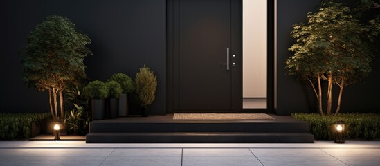 Stylish black front door of modern house with black walls door mat black bench potted tree and stunning lamps in a 3D rendering - obrazy, fototapety, plakaty