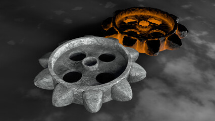 3D rendering of cogwheels in closeup on reflective surface with soft focus background 