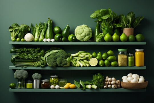 Assortment of green and yellow vegetables and fruits on the shelvs on the green background
