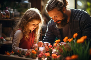 An intimate snapshot of a father and daughter engrossed in a shared activity, surrounded by fresh flowers, exemplifying the beauty of familial bonds