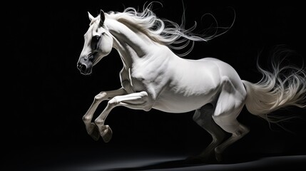 Naklejka na ściany i meble a white horse is galloping on its hind legs in the dark, with its hair blowing in the wind. generative ai