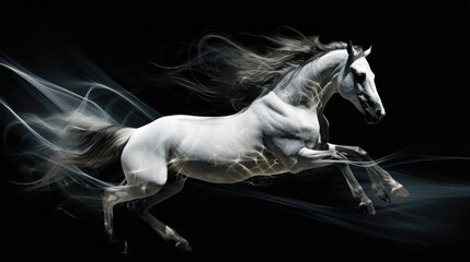 Obraz na płótnie Canvas a white horse is galloping on its hind legs with long hair blowing in the wind on a black background. generative ai