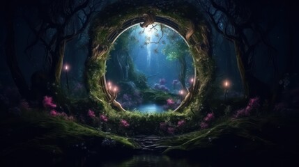 Naklejka premium Dark mysterious forest with a magical magic mirror, a portal to another world. Night fantasy forest. 3D illustration